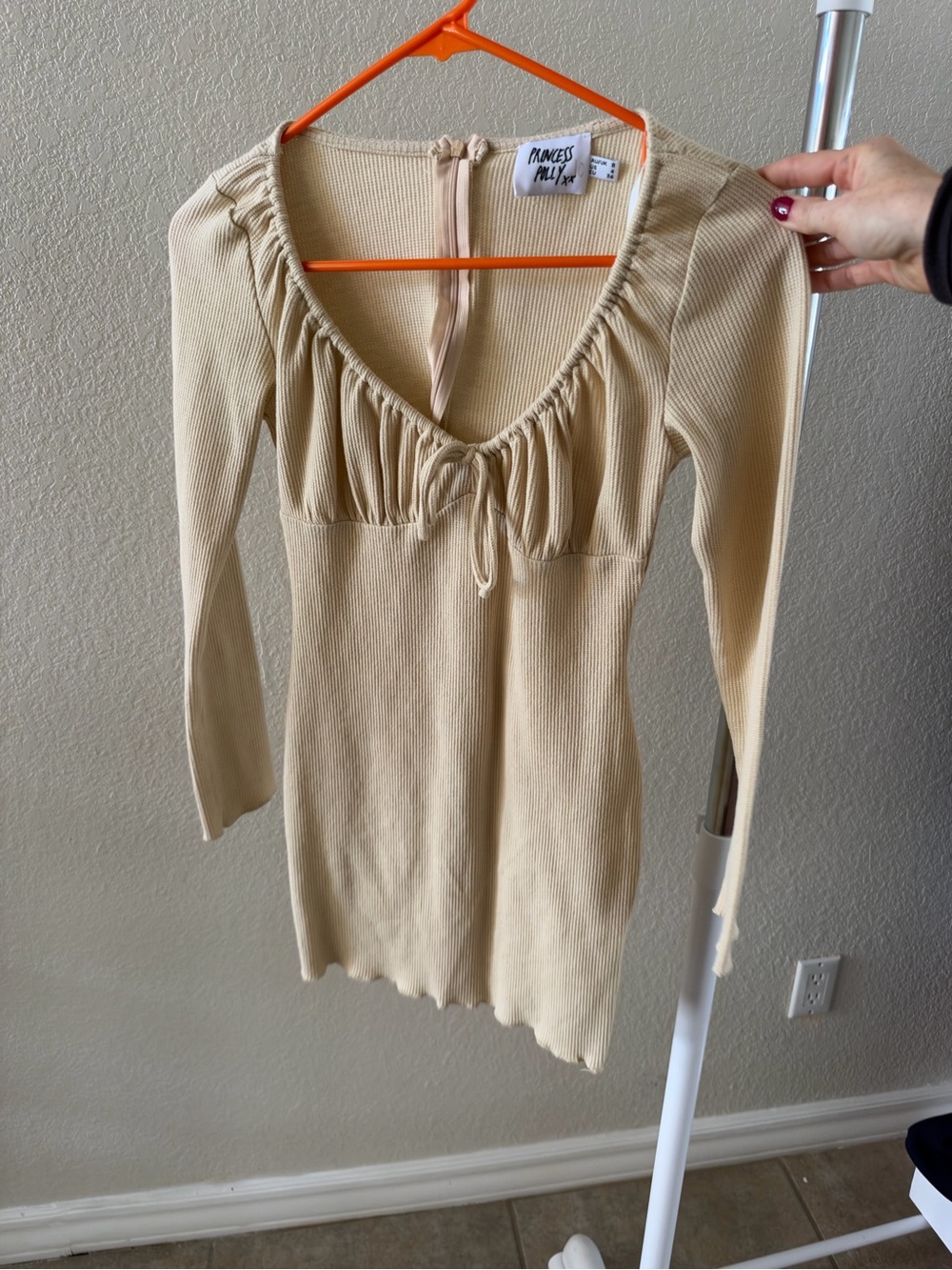 Princess Polly Beige Ribbed Long Sleeve Tie-Front mini dress